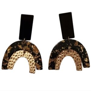 Black Gold Foil Geometric Arch Statement Earrings | Modern Resin Drop Earrings